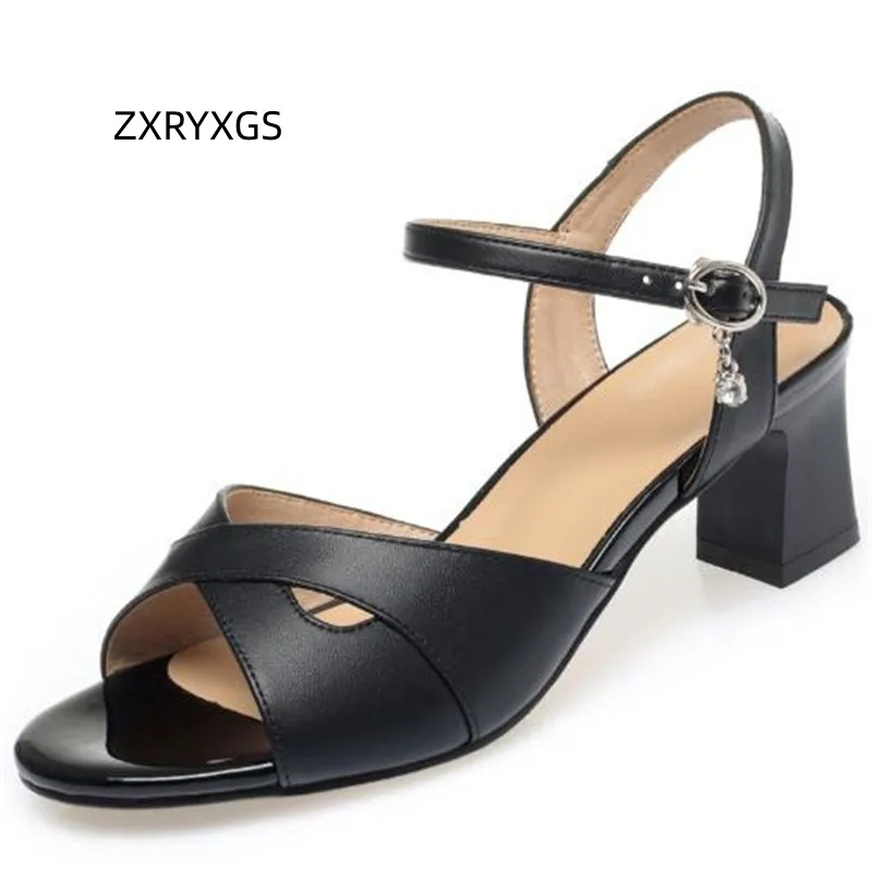 

ZXRYXGS 2023 Summer Open Toe Genuine Leather Sandals Comfortable Elegant Mid Heel Sandals Soft Sole Non-slip Wild Women Sandals