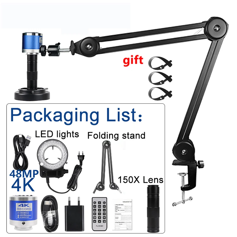 YIZHAN 4K Digital Microscope Kit with 150X Lens HDMI Type-C Output Black Ring Light Reinforced Foldable Stand for Precision Work