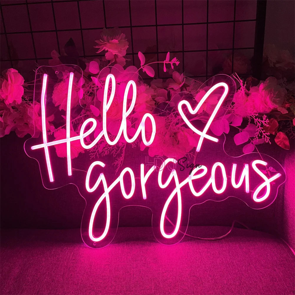 60cm Neon Sign Lights Hello Gorgeous Neon LED Sign Girl Room Decor BedroomWedding Decor Wall Hanging Decor For Salon Party Bar