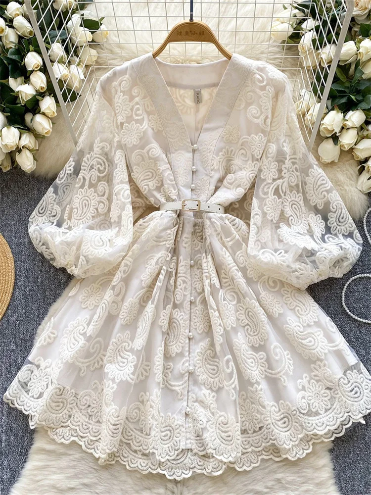 Wmstart dresses for women Sweet V neck lantern sleeves embroidered slimming single breasted A line elegant dress 2025