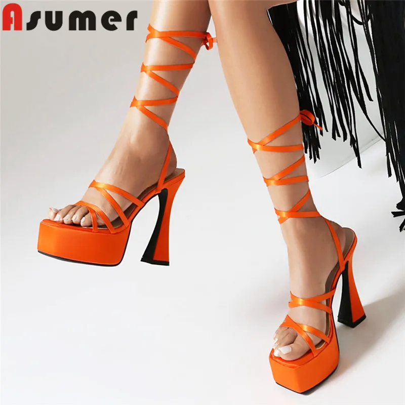 

ASUMER 2023 Size 35-43 New Fashion Silk Lace Up Summer Shoes Ankle Strap Ladies Party Shoes Thick High Heels Platform Sandals