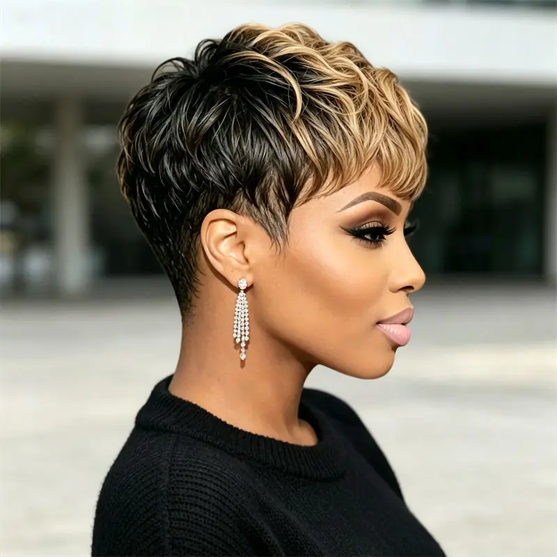 Parrucca Pixie Cut con frangia, realizzata a macchina, nera, bionda, riccia, a strati, in vero capello umano, per donne, per uso quotidiano e per eventi. - immagine 4