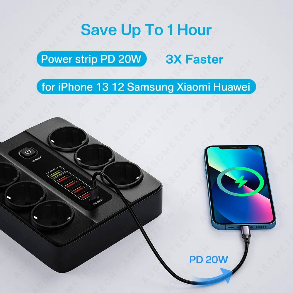 Power Strip com Vários Usb c Carregador Rápido Soquete Doméstico Inteligente Proteção contra Sobrecarga Extensão Múltipla tipo c 3000w pd Qc3.0 eu - Image 5