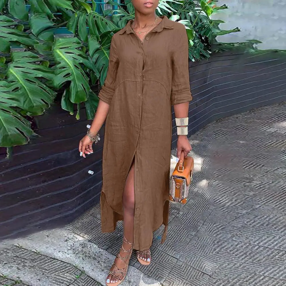 

Classic Maxi Dress Single-breasted Skin-touching Office Dress Pure Color Long Sleeve Maxi Dress