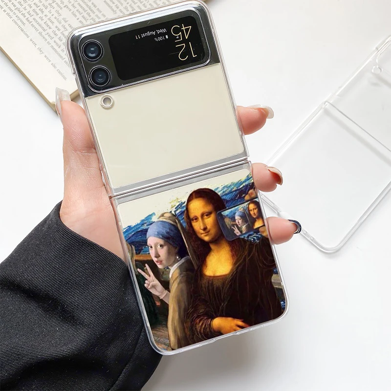 Artistic Clear Hard Folding Phone Case with David & Mona Lisa Design