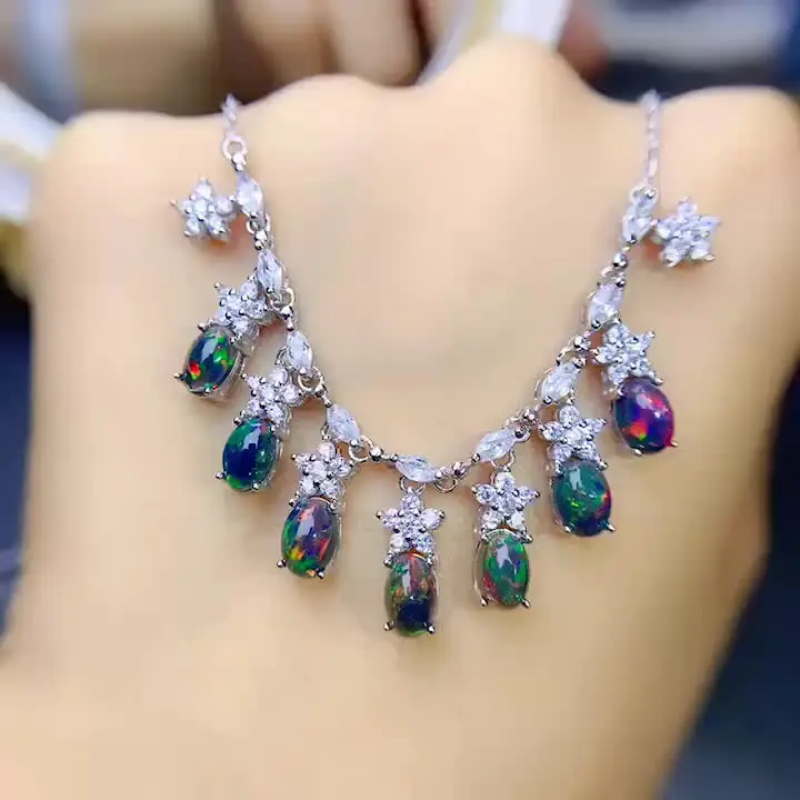 925 Sterling Silver Necklace | Necklace Natural Black Opal