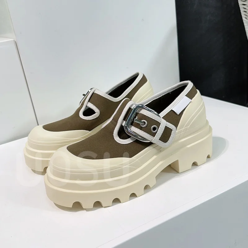 Spring Summer New Couple Shoes Retro Muffin Thick Bottom 3cm Canvas Colorblocking Style Mary Jane Loafers General Shoes