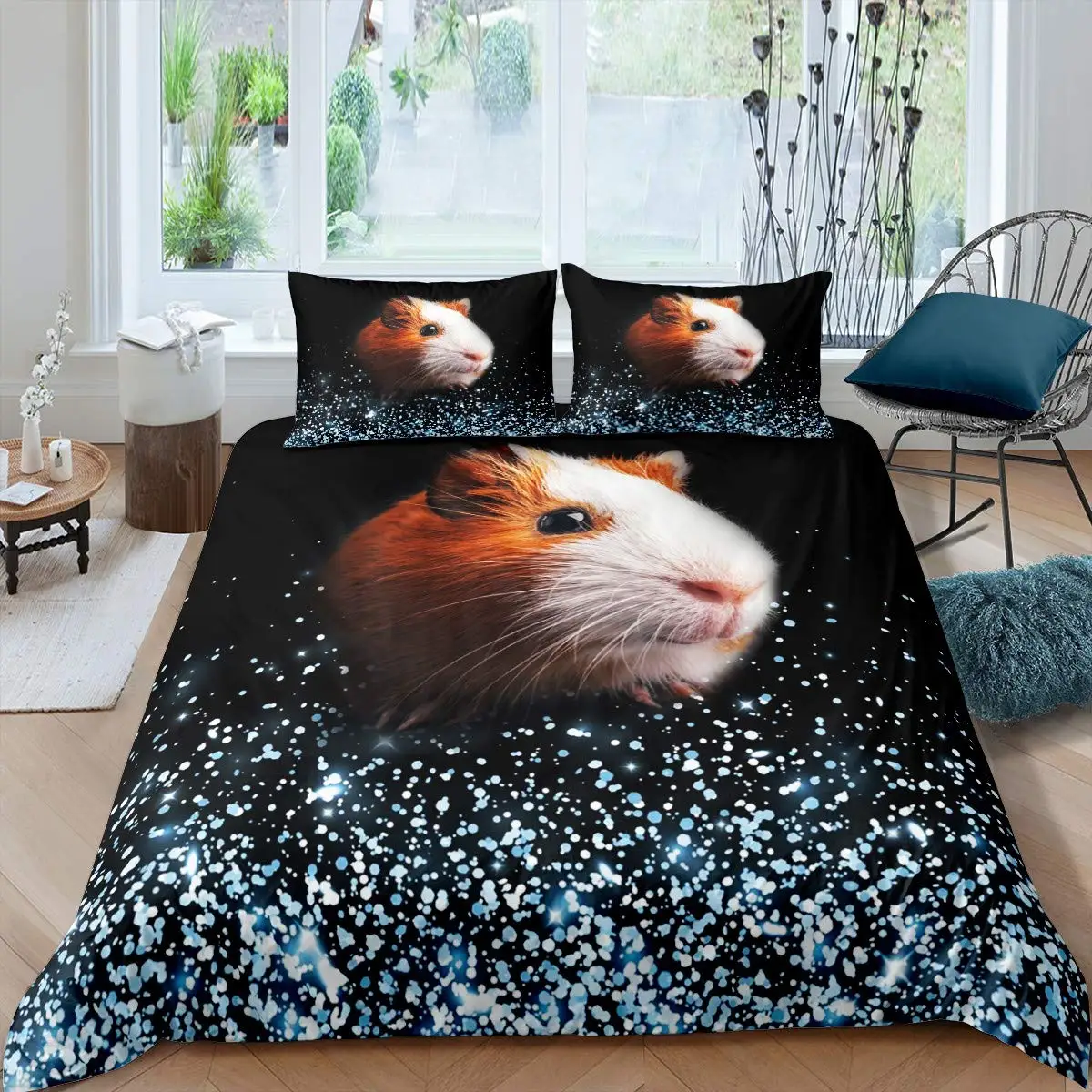 Guinea Pig Duvet Cover King/Queen Size for Kids Teens Boys Girls,Cute Cartoon Hamster Rodents Bedding Set for Dorm Bedroom,White