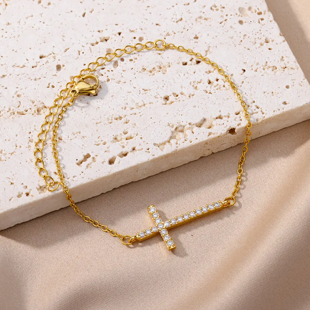 Gold Plated Stainless Steel Cross Bracelet For Women Gift