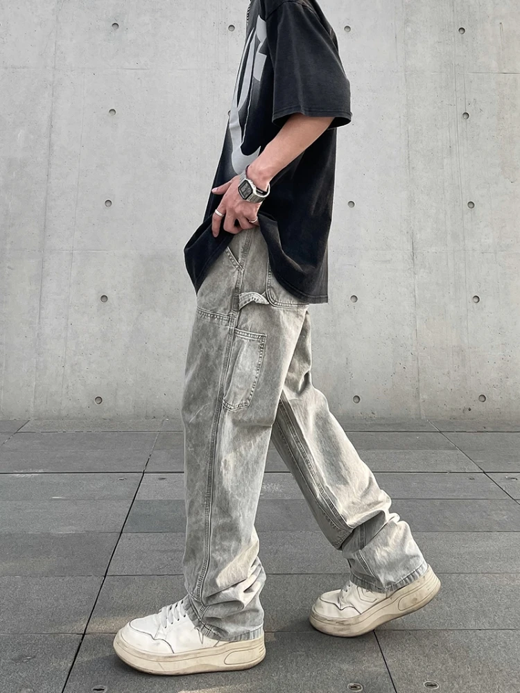 CUMUKKIYP Men's Relaxed Fit Casual Vintage Straight-leg Jeans, American High Street Retro Design