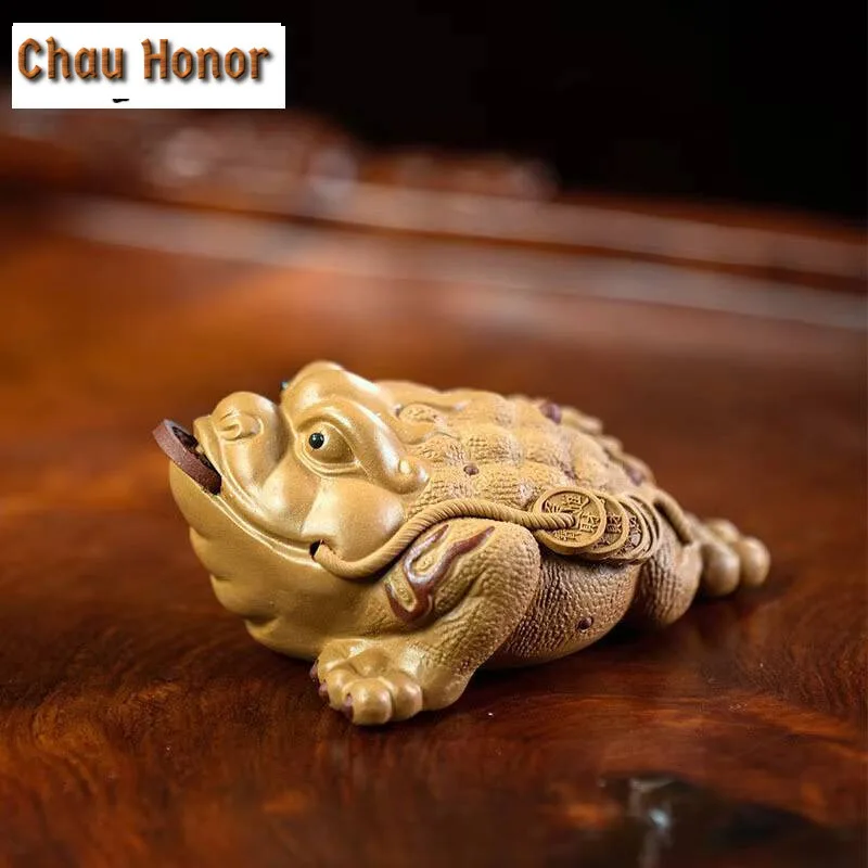 Boutique Purple Clay Tea Pet Lucky Golden Toad Statue Tea Figurine Ornaments Handmade Crafts Tea Set Decoration Accessories