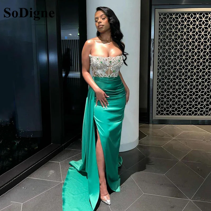 

SoDigne Green Modern High Side Split Satin Mermaid Prom Dresses Beading Crystal Sequined Arabic Women Formal Evening Gown