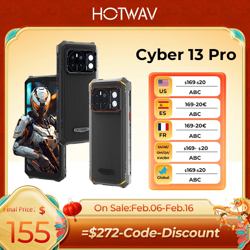 Hotwav Rugged Smartphone Android Global Version 150Lm Torcia 20Gb + 256Gb 6.6 ''Fhd + 2K 10800Mah 64Mp Cyber 13 Pro Cellulari