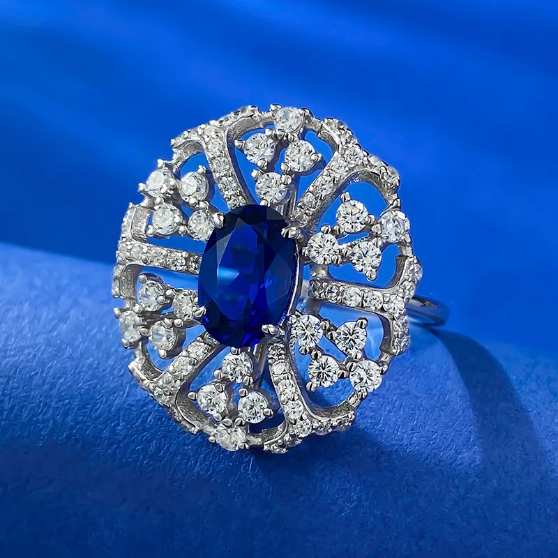 S925 mincovní stříbro vykládané 6 * 9mm královský modrý evropan a americký styl lehký luxusní dámská prsten ukazuje tenký prstů