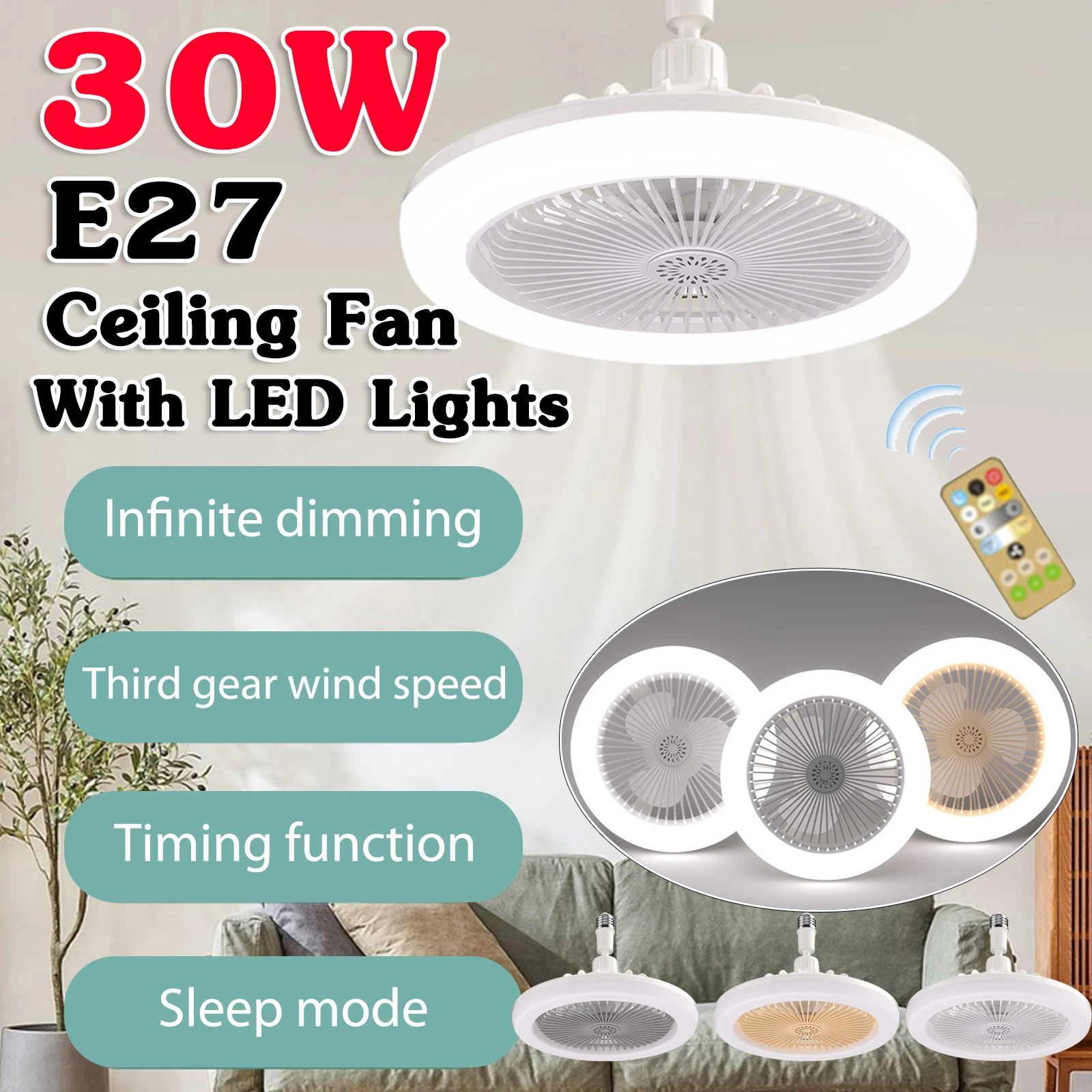 30W Plafondventilator Met Lamp E27 Converter Basis Stille Koeling Ventilator
