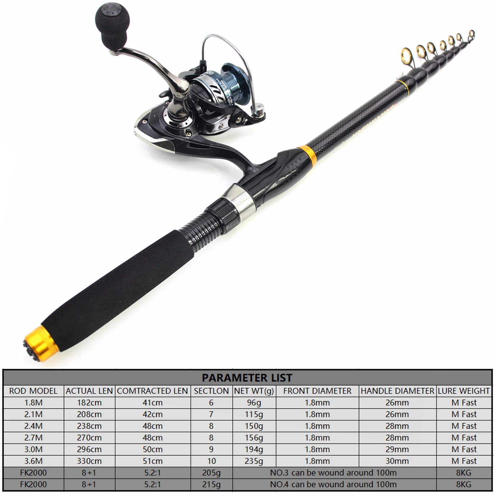 2.7M 3.6M Portable Carbon Fiber Telescopic Fishing Rod Portable Spinning  Rod and Reels Multifunction Carp Trout Pole Set Pesca