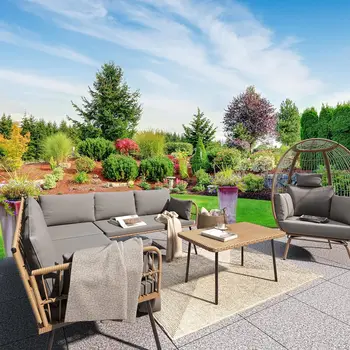 Rattan Patio Furniture Set, Outdoor Wicker Conversation Sectional L-Shaped Sofa with Thickness Cushions and Side Table 3