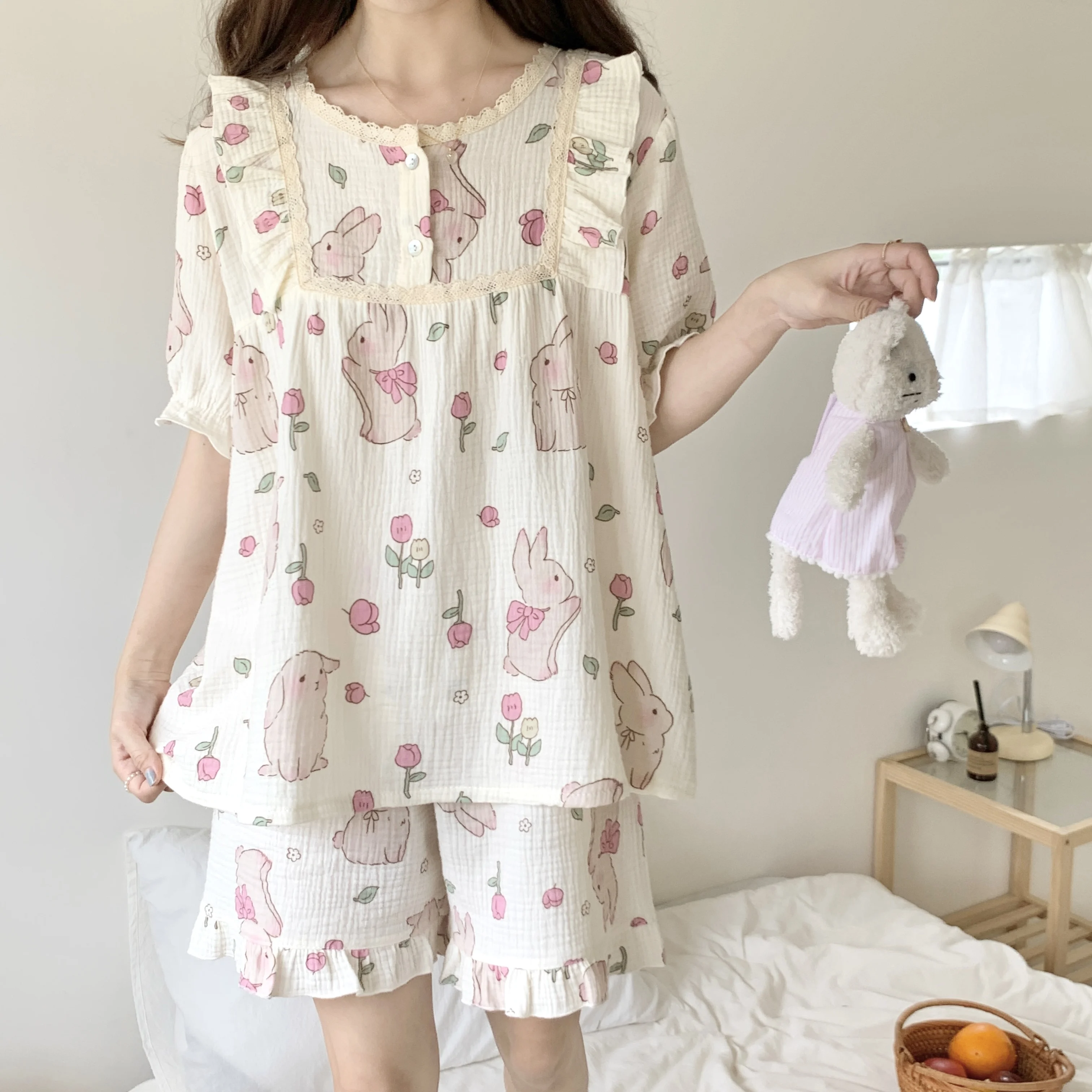 

100% Cotton Pajama Set Princess Cute Sleepwear Cartoon Print Short Sleeve Shorts Homewear Clothes Breathable Soft Out Wear S232