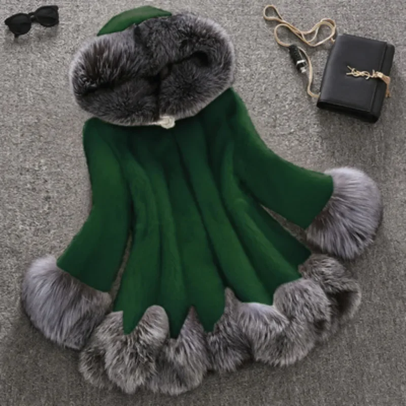 Fur Lined Coat Medium Length Imitation Mink Female Slim Fitting Hood with Thickened Fur Coat