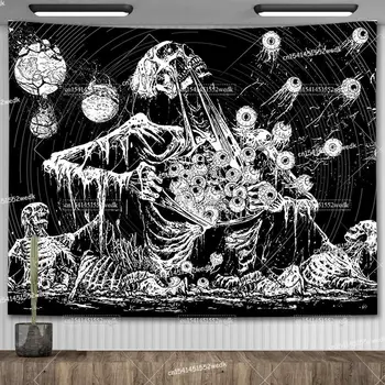 Arazzo teschio malocchio in bianco e nero scheletro arazzi appeso a parete soggiorno Decor Hippie Trippy Tapestrys per la casa 1