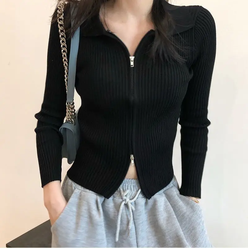 Women's polo Collar Knitted Cardigan 2024 Early Autumn New Slim Fit Slimming and Short Double-Headed Long-Sleeve Zipper Top