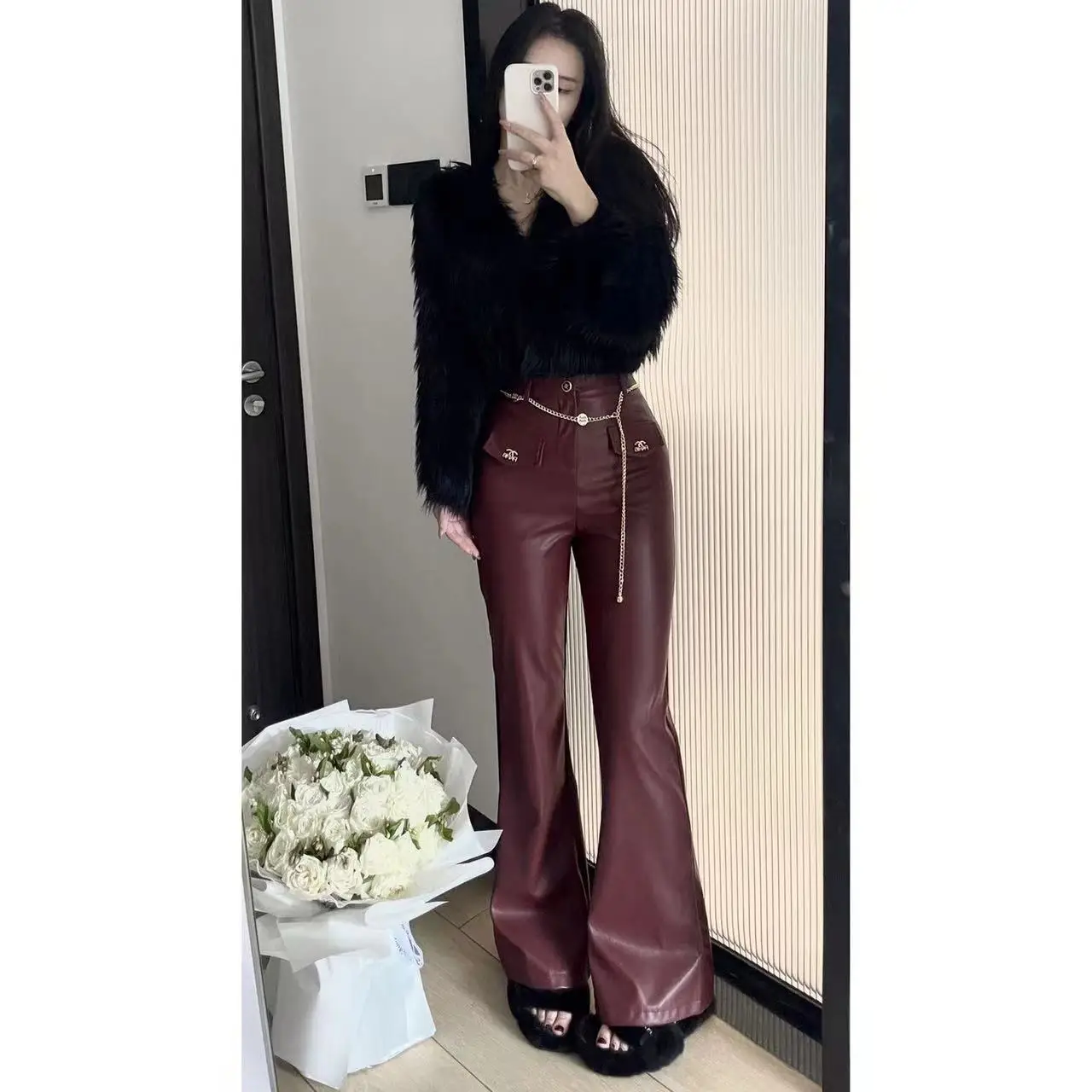 Vintage Micro La PU Leather Pants 2023 Autumn/Winter High Grade Slim Sweeping Floor Flare Pants Long Pants Wide Leg Pants