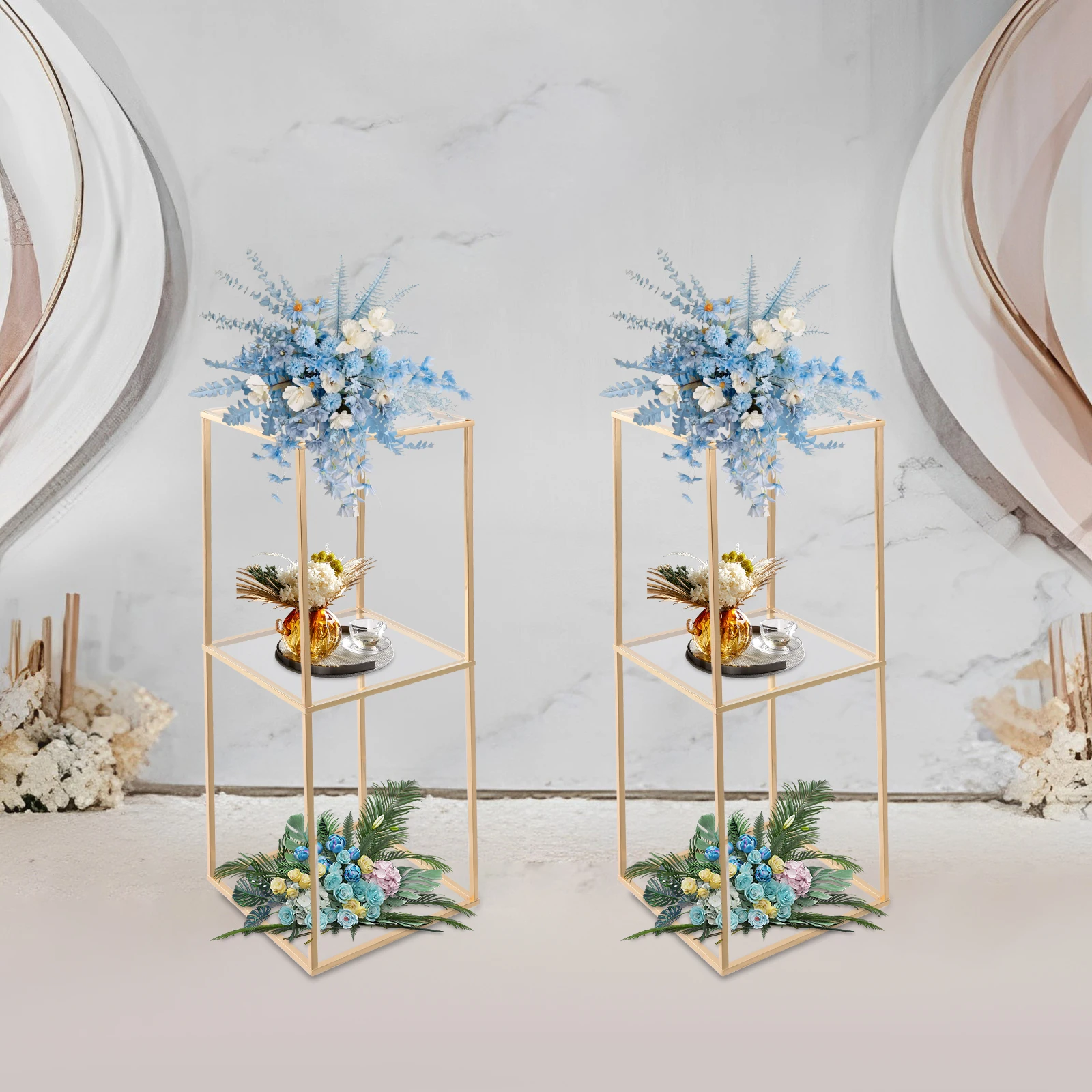 2 Stück Hochzeits-Blumenständer, 80 cm hoch, rechteckiges Säulenregal aus Metall mit Aufbewahrungsbrett für Herzstück-Geburtstagsparty-Dekorationen – Detail 4