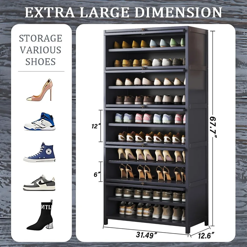 Shoe Cabinet, 10 Tiers 40-45 Pairs Heavy Duty Bamboo Freestanding Shoe Storage Cabinet, 67.7'' Tall Shoe Rack with Open Storage 2