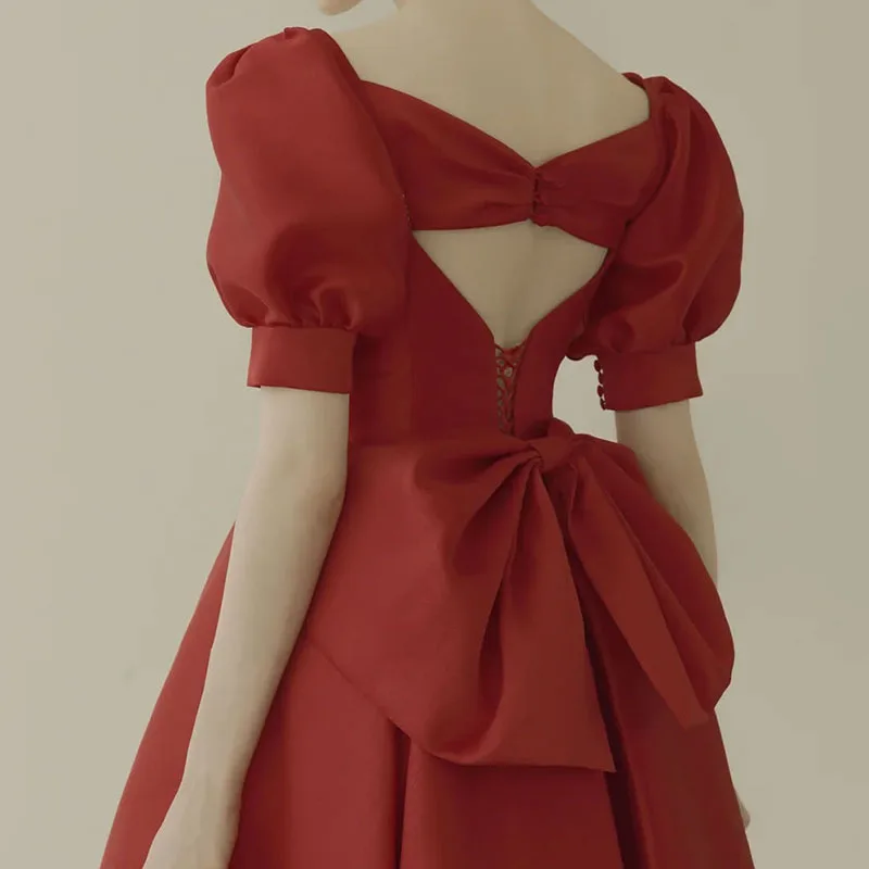 

Vintage Dark Red Prom Dress Satin Elegant Evening Dresses Knee Length
