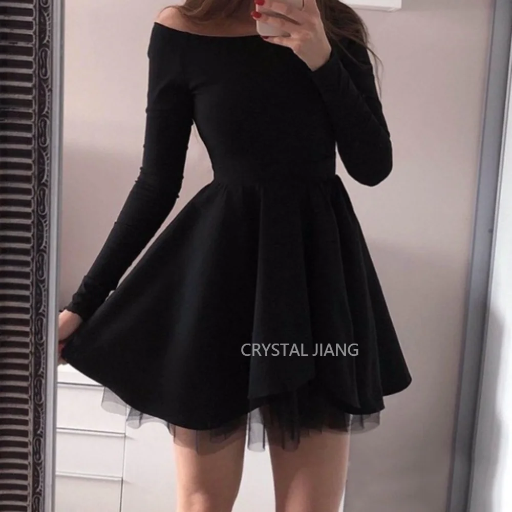 

A Line Short Off the Shoulder Stretch Crepe Cocktail Dresses for Women With Long Sleeves Mini Length Formal Occasion Dresses