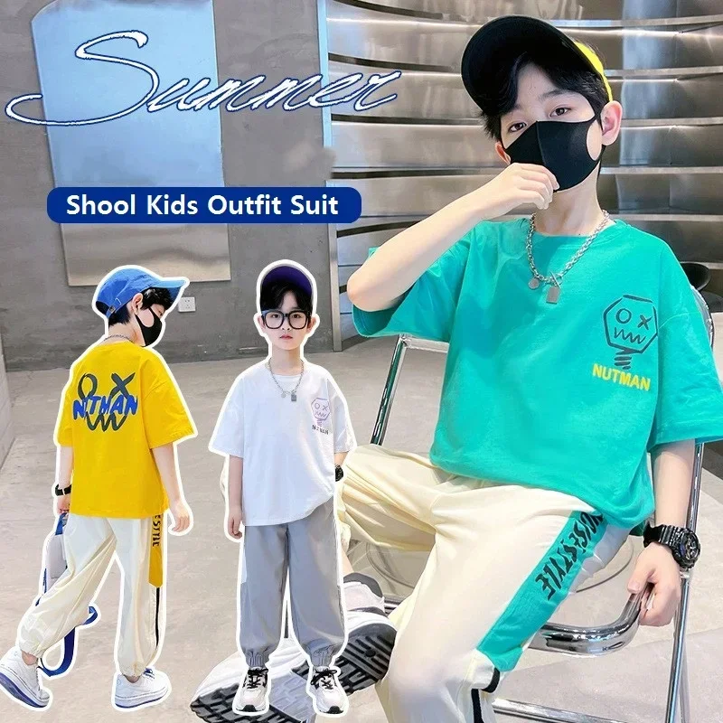 

Summer Boys Cotton Contrast Alphabet t-Shirt Tops Pants Set School Kids Tracksuit Children 2PCS Outfit Jogging Suit 5-16 Years