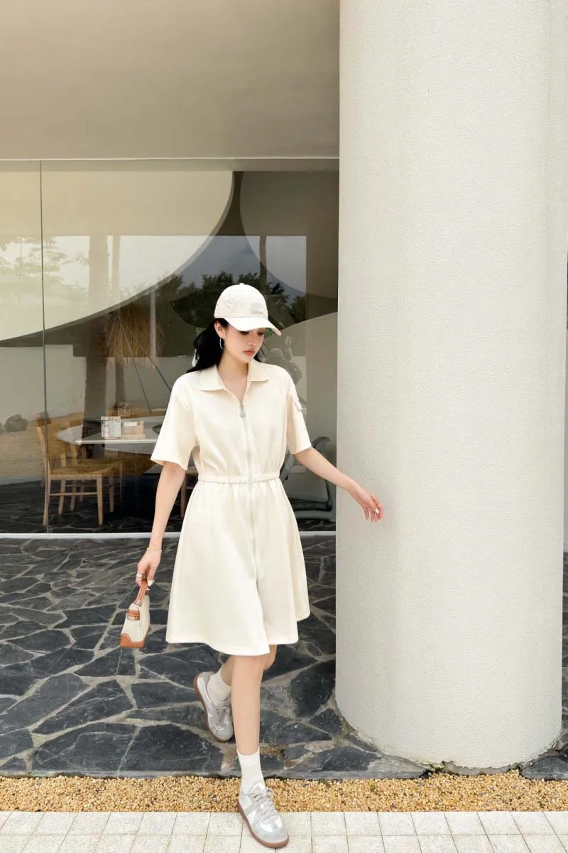 

Academy Korean style girl style fashion casual trend temperament versatile simple lapel zippered short sleeved dress