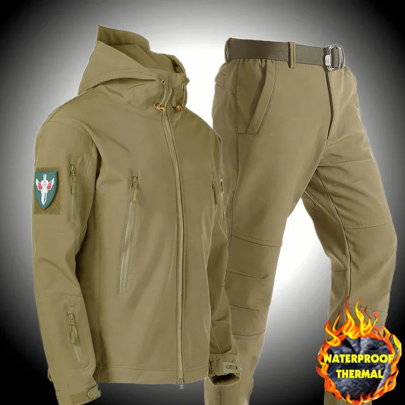 Fleece Military Men Jacket Waterproof Suit Fishing Hiking Tracksuits Set Thermal Winter