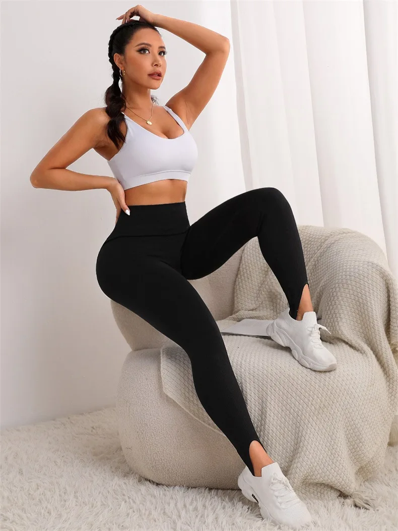 Seamless Black Leggings with Straps Yoga Summer Slightly Fashion Sexy High Waist Slim Tights Hip Lift
