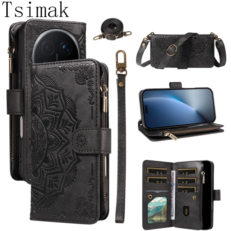 Leather Magnetic Flip Wallet Phone Case with Zipper and Crossbody Strap - Multi-Card Holder Design