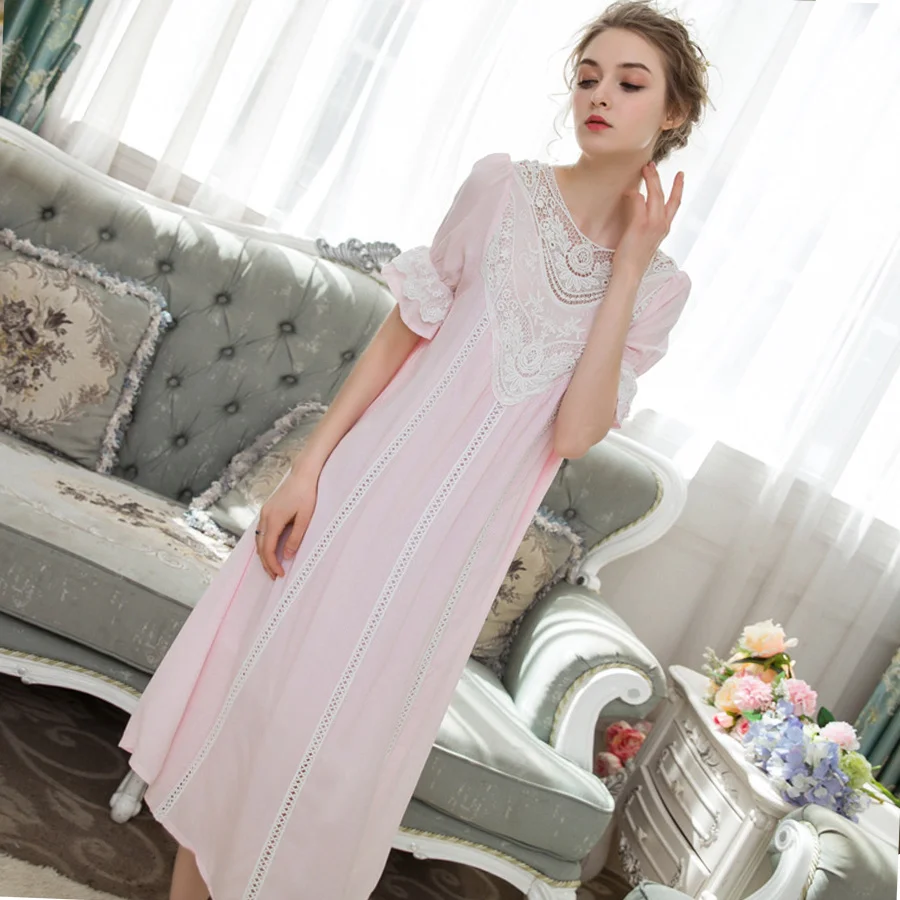 Elegant Ladies Cotton Nightgown Sleepwear Lace Hollow Sexy Women Night Dress Summer Pink White Plus Size Lingerie Dress Female