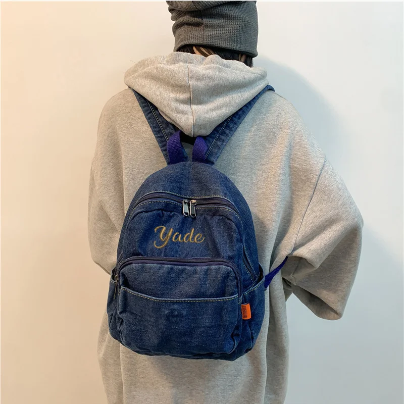 Personalized Denim Canvas Backpack Women's Leisure Backpack Customized Name College Student Travel Bag