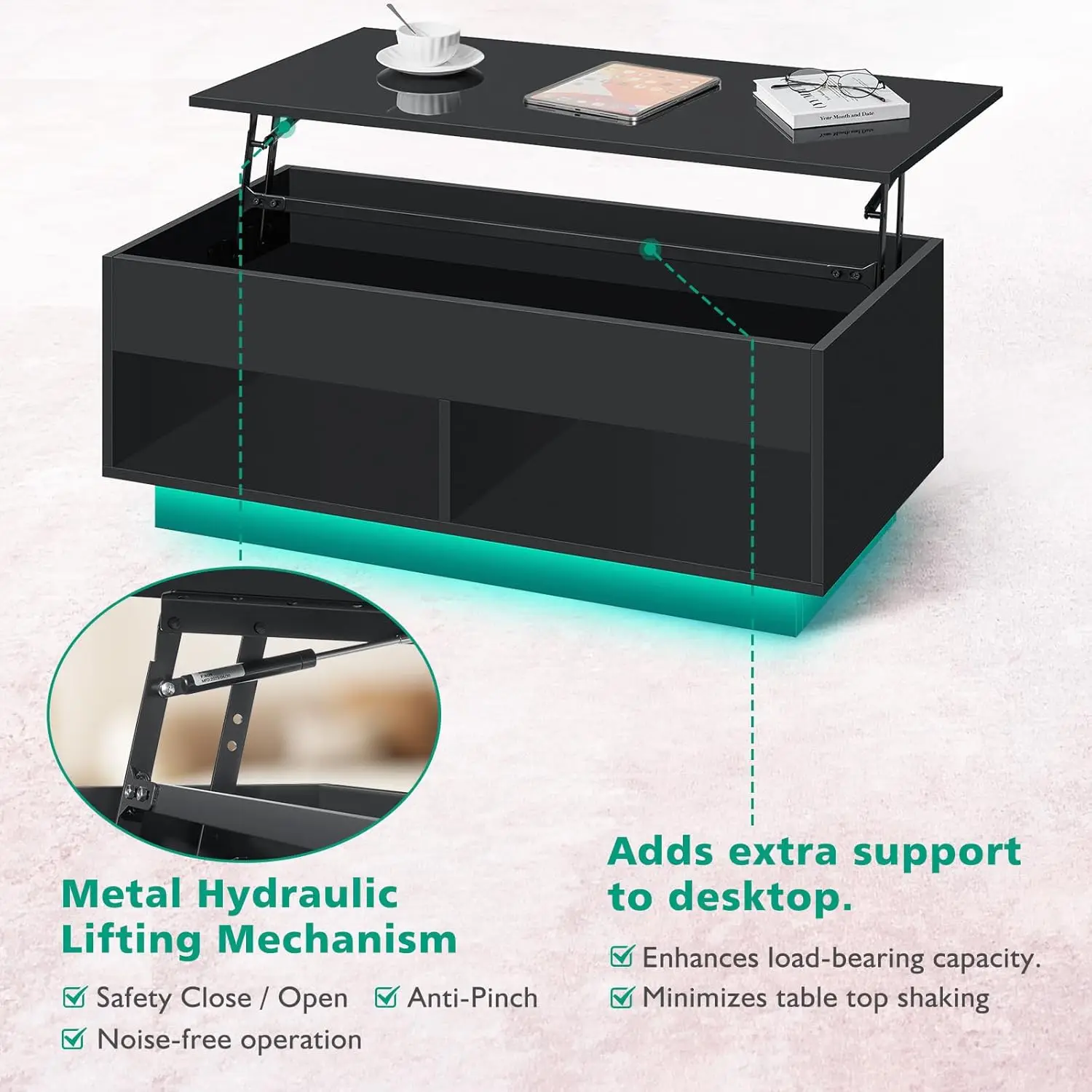 40" Modern LED Coffee Table with Storage for Living Room, Lift Top Coffee Table with 2 Shelves, High Glossy Wooden Dining Table