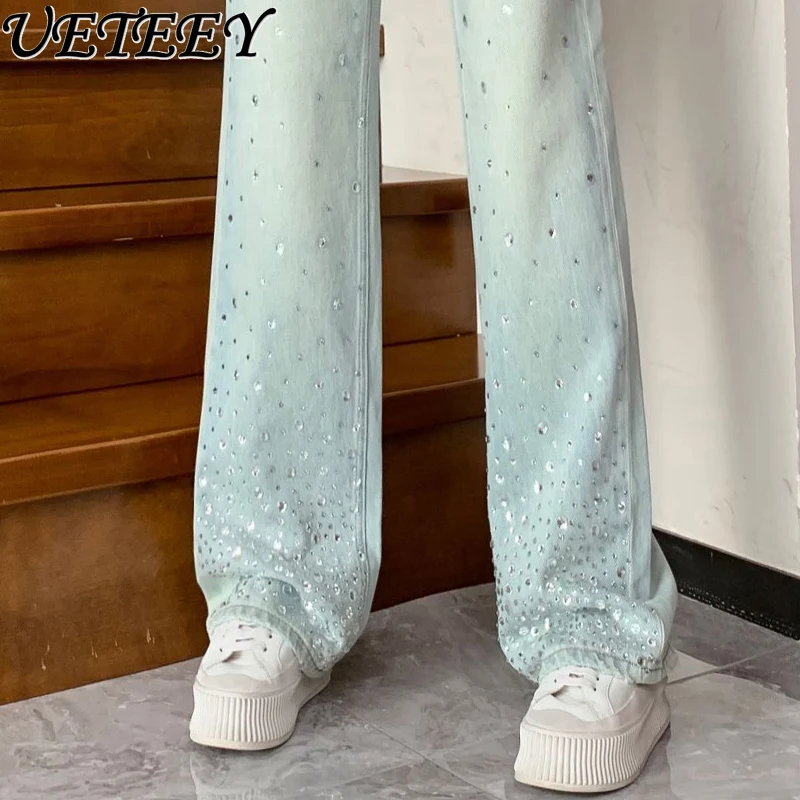 

Retro Jeans Women Trousers 2024 Spring Heavy Embroidery Hot Drilling High Waist Wide Leg Pants Draping Mop Straight Denim Pants
