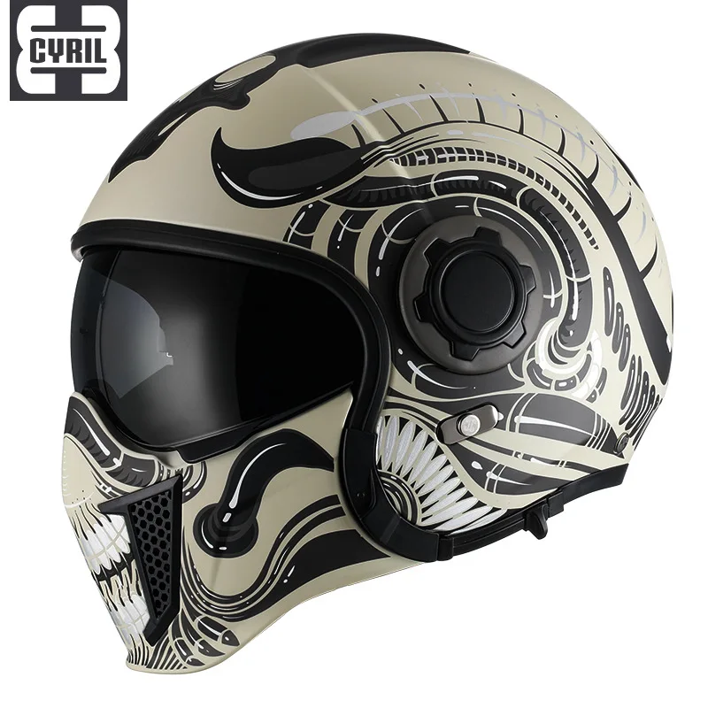 

Retro Helmet CYRIL OP12A Black Warrior Combination Helmet Men And Women Motorcycle Anti-fog Half Helmet Full Helmet