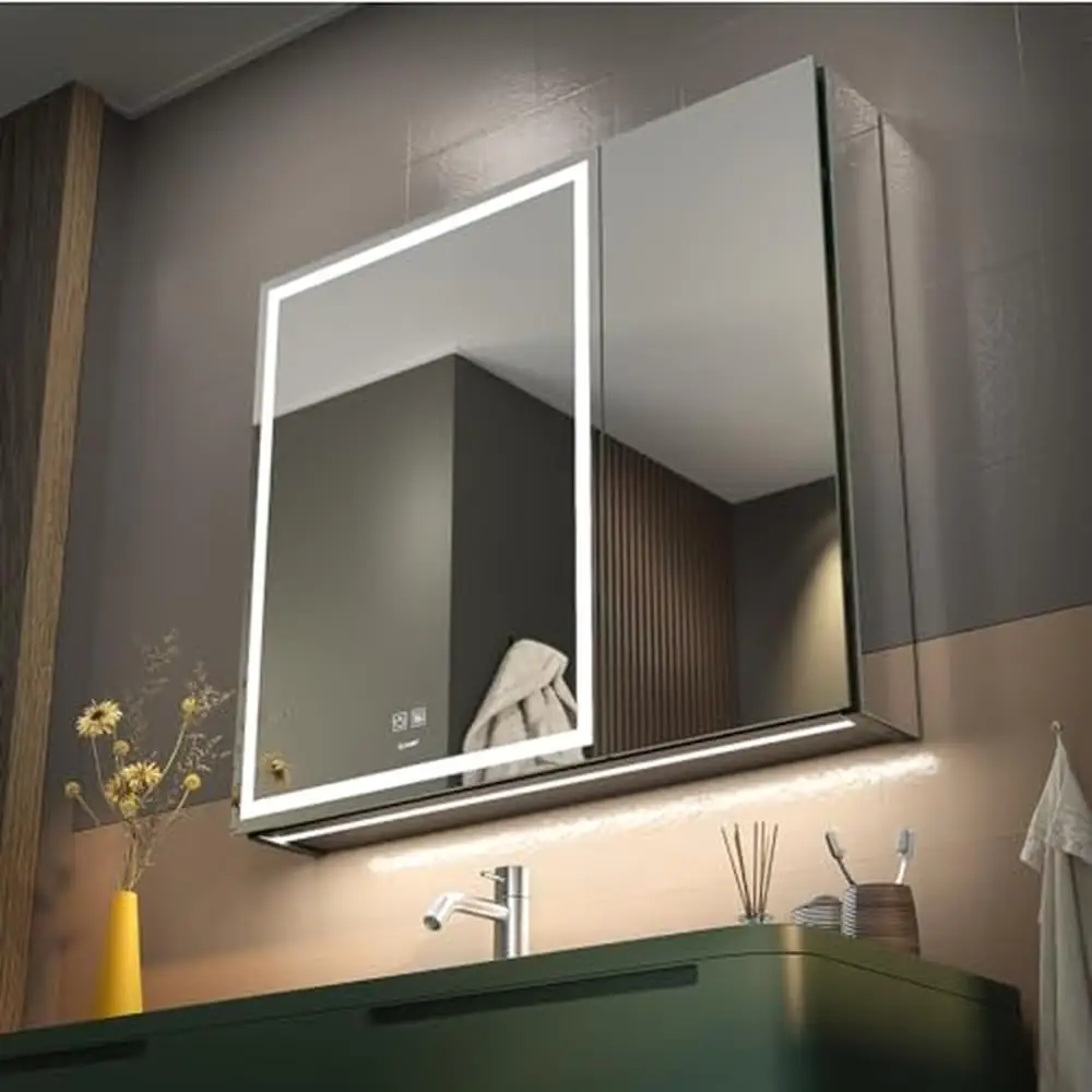 

Bathroom Mirror Cabinet with Anti-Fog Lighting Double Mirrors Adequate Storage USB Charging IP44 Waterproof Easy Install