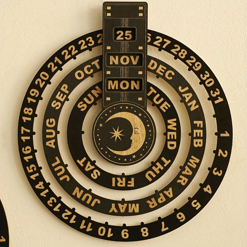 Perpetual Calendar Circular Home Decor Office Decor Wall Wooden Manual Rotatable Disks Calendar Family Wooden Craft Wall Art