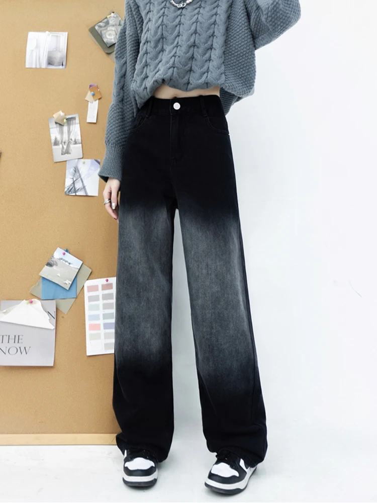 Vintage Streetwear Gradient High Waist Jeans Y2k Korean Style Hip Hop Straight Denim Pants Boyfriend Jeans For Women Trousers