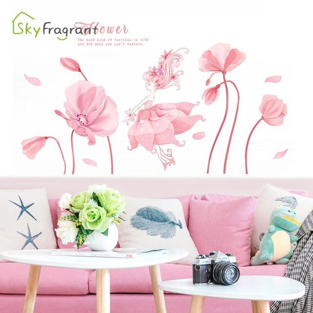 Autocollant mural fleur violette papillon lune fille, papier peint  auto-adhésif de dessin animé, décoration de maison pour salon chambre à  coucher - AliExpress