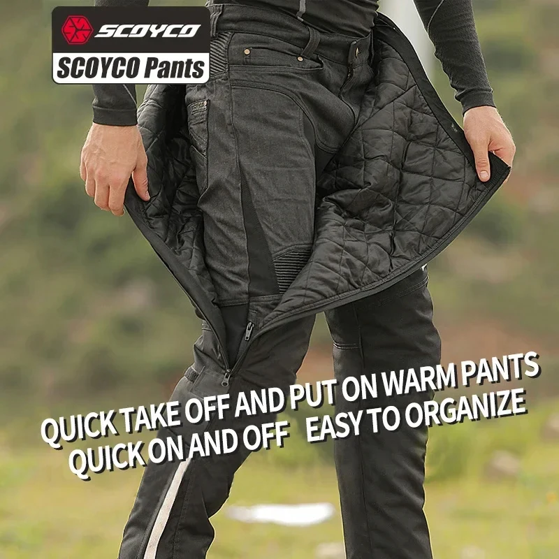 SCOYCO 오토바이 퀵 테이크 오프 팬츠 겨울용 따뜻한 오토바이 바지 야외 MTB 자전거 오프로드 CE 안티폴 퀵 릴리즈 팬츠