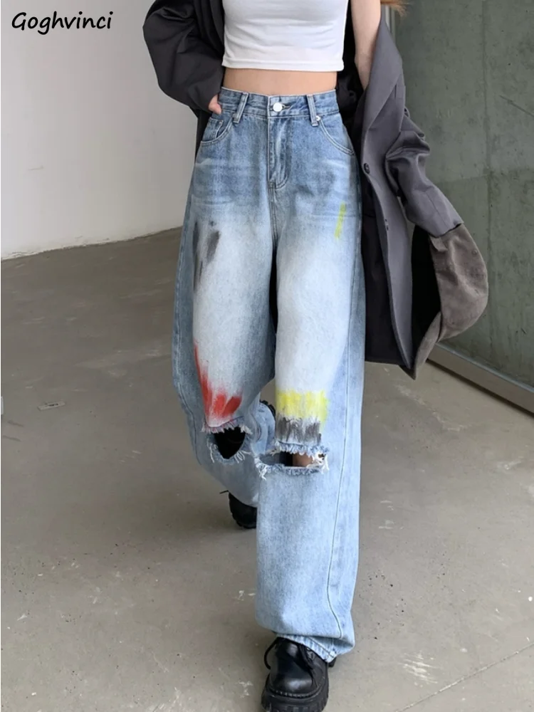 

Ripped Jeans for Women Baggy Wide Leg Hole Streetwear Casual Vintage All-match American Style Chic Washed High Waist Hipster New