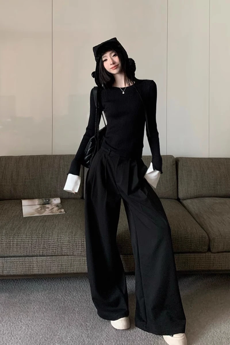 High Waist Wide Leg Pants For Women New Loose Straight Black Trousers Autumn Double Buttons Casual Suit Pants Female