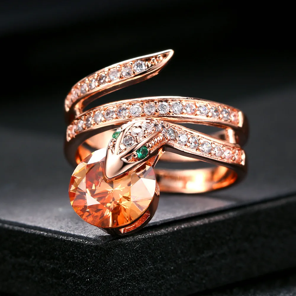 Snake Rings for Women Rose Gold Color Orange Crystals Cocktail Ring for Female Party Evening Accessories Fashion Jewelry R149 finger ring jewelry accessories ring set animal ring