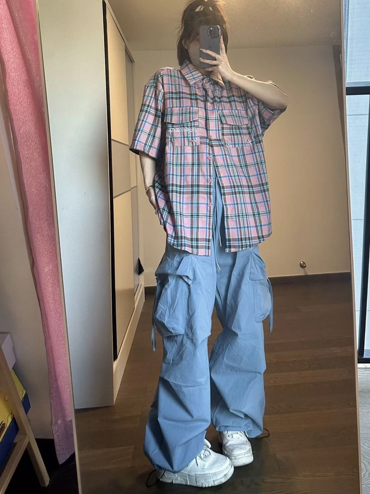 HOUZHOU Y2K Cargo Parachute Pants Women Streetwear High Waist Drawstring Pocket Casual Loose Trousers Harajuku Baggy Sweatpants