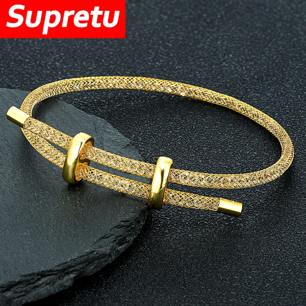 Elegant Crystal Mesh Bracelet - Unisex Minimalist Bangle in Stainless Steel